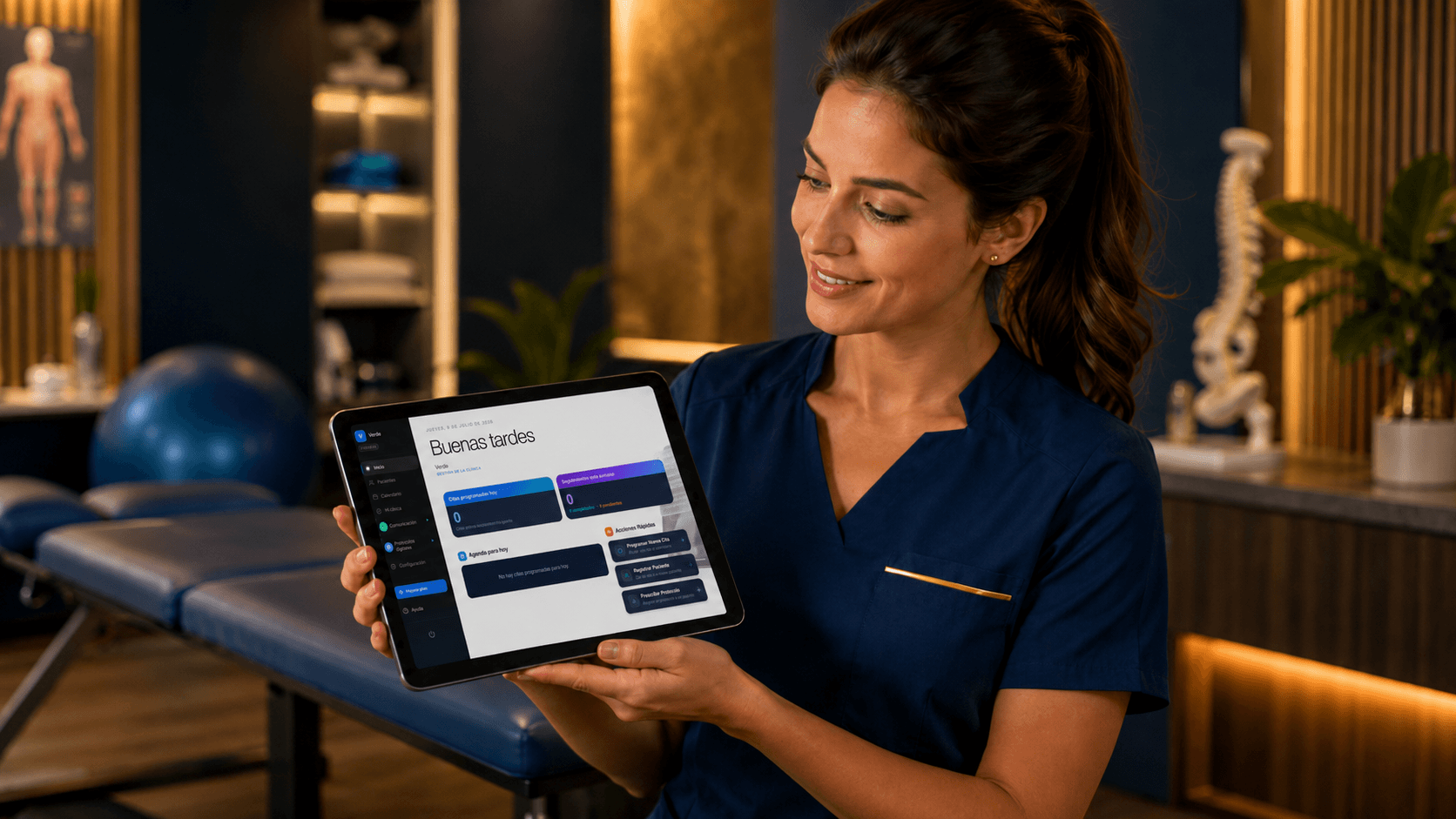Fisioterapeuta revisando herramientas de IA en una tablet en su clínica