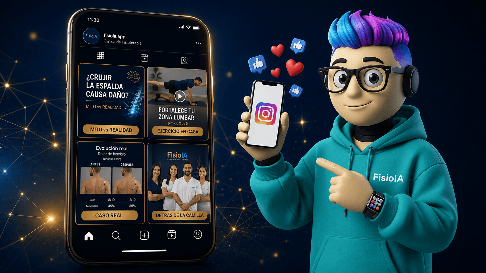 Feed de Instagram de una clínica de fisioterapia con los cuatro tipos de contenido que funcionan