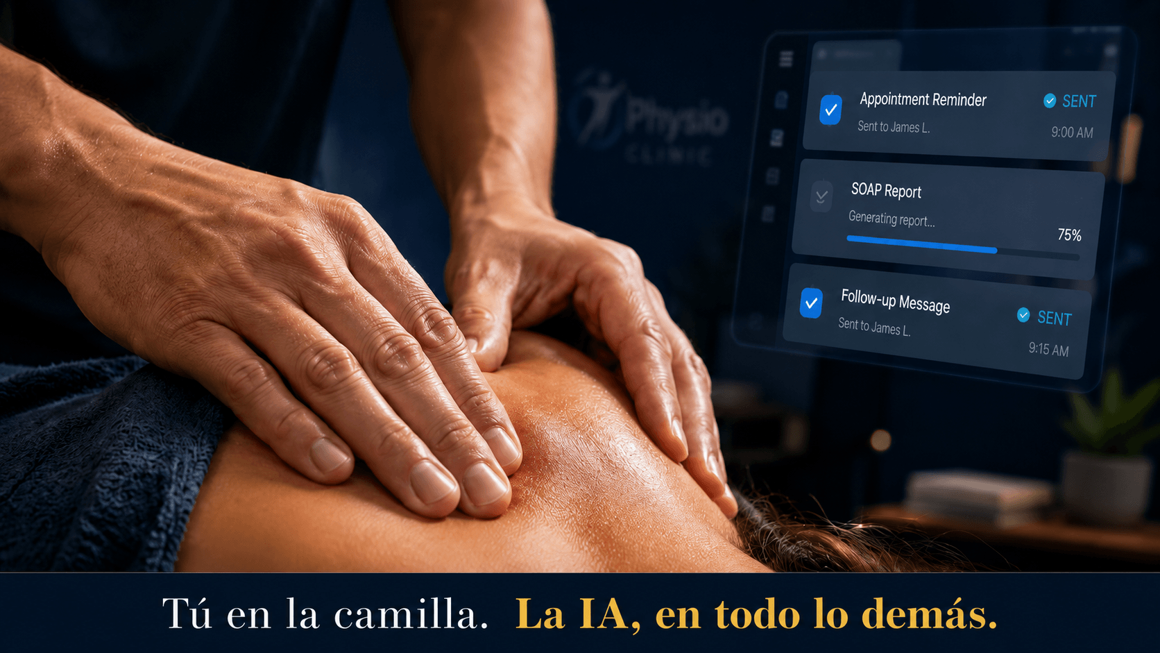 Fisioterapeuta realizando terapia manual mientras la IA gestiona lo demás