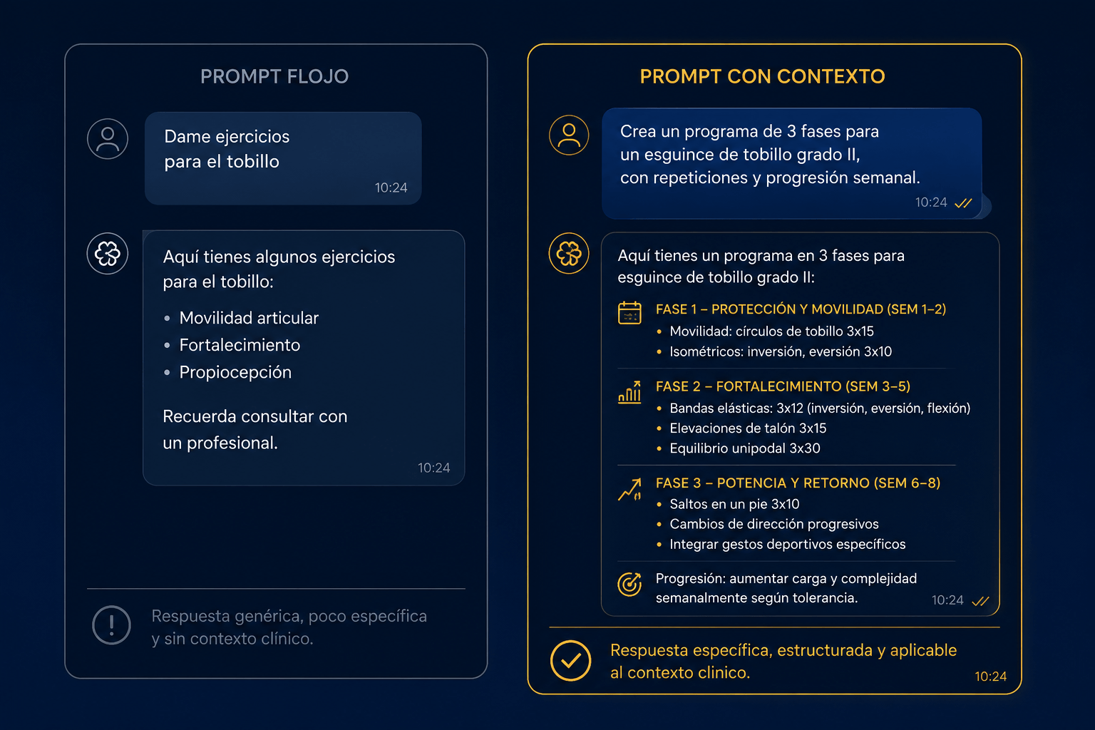 Comparativa entre un prompt sin contexto y un prompt con contexto clínico